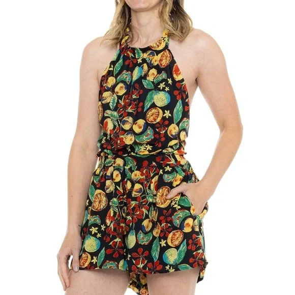 Free People | Coral Tides Romper - Sleeveless Black Combo Medium - Picture 3 of 4